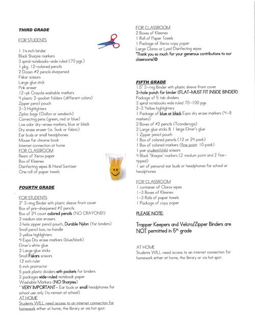Supply List 3rd - 5th